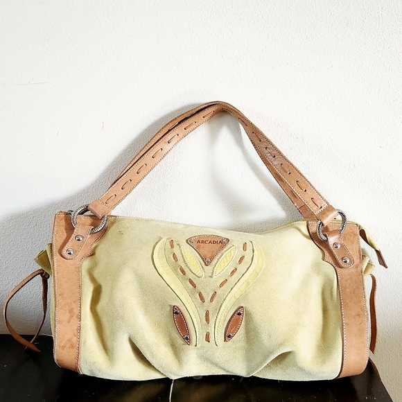 Arcadia Duffle Tote HandBag Leather & Suede Yellow/Green made in Italy - Picture 2 of 10